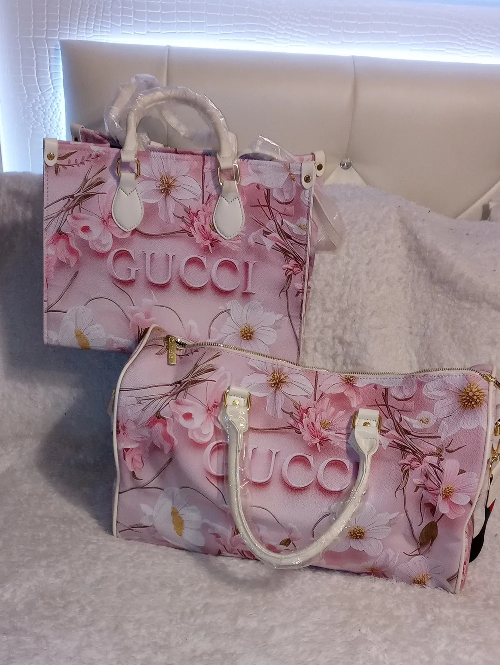 GUCCIDesigner Pink Floral Tote & Duffle Set